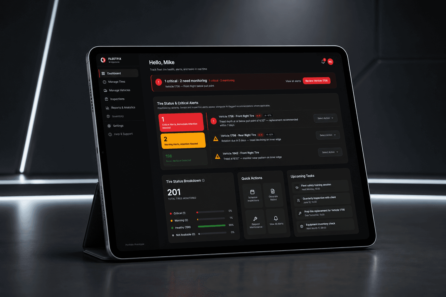 FleetFix dashboard on tablet, morning triage view
