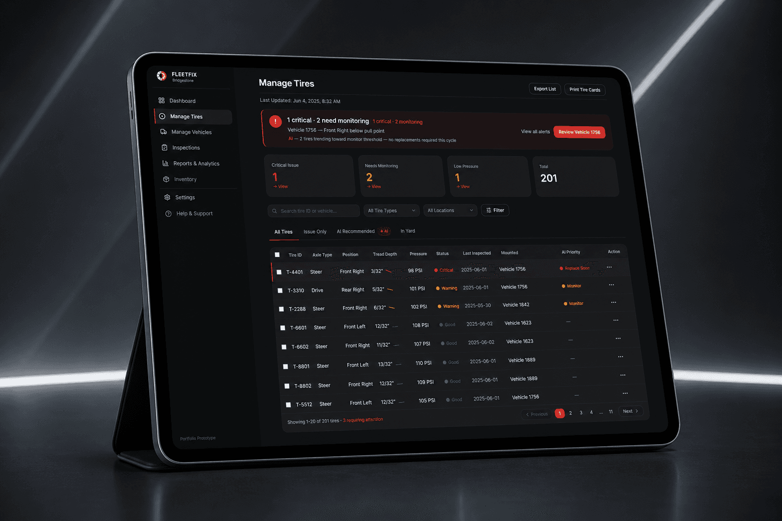 FleetFix Manage Tires screen on tablet