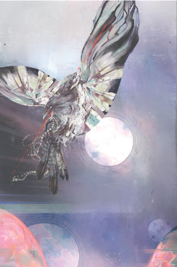 Bird in flight against a cosmic garden sky