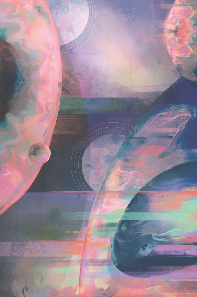 Iridescent circles and glitch textures