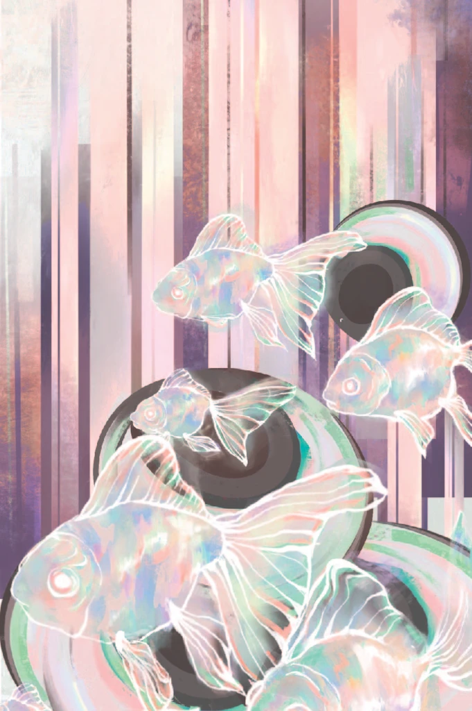 Illustration of iridescent goldfish among vertical stripes