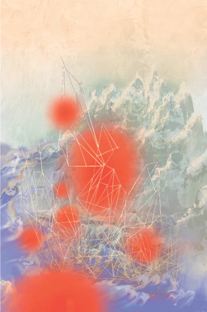 Abstract landscape with red orbs and geometric lines